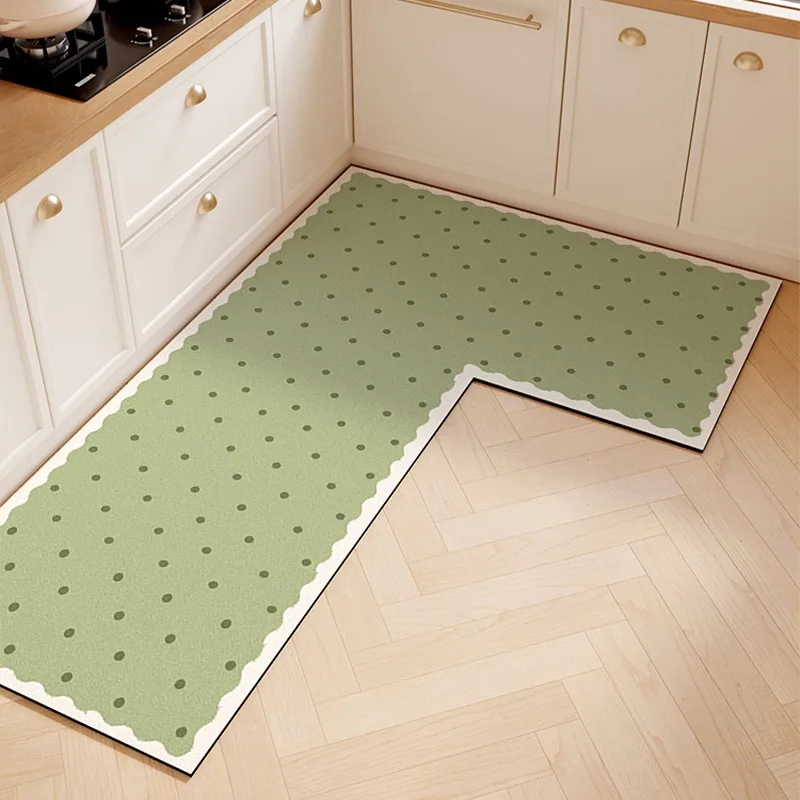 

Kitchen Carpet Non-slip Waterproof Oil-proof Floor Mat L-shaped Green Polka Dot Minimalist Rug Long Home Decoration Mats Ковер