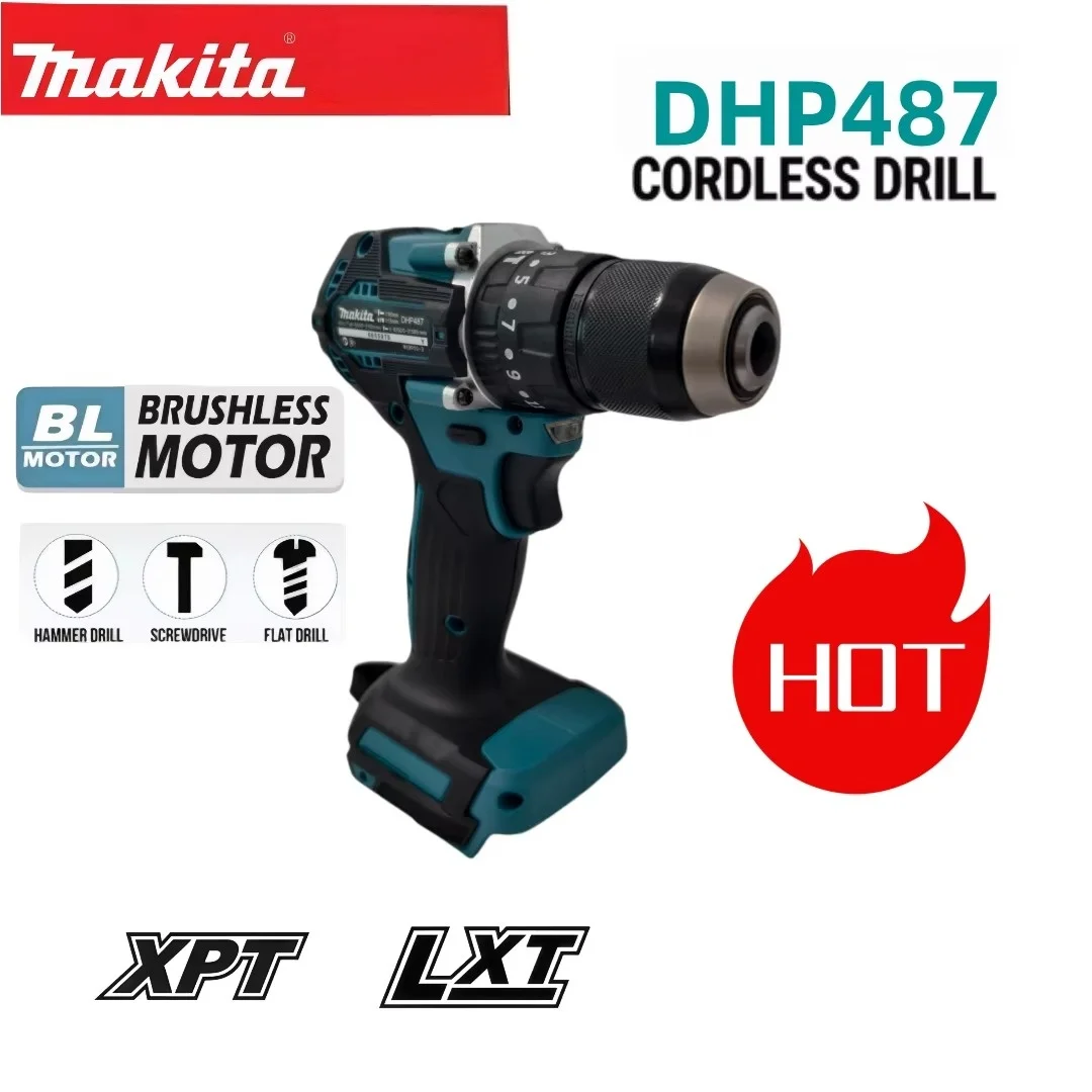 Makita 18V Li-ion Battery DHP487 Cordless Brushless Hammer Drill 40N.m 2 Speed Impact Screwdriver Multi-purpose Hand Drill