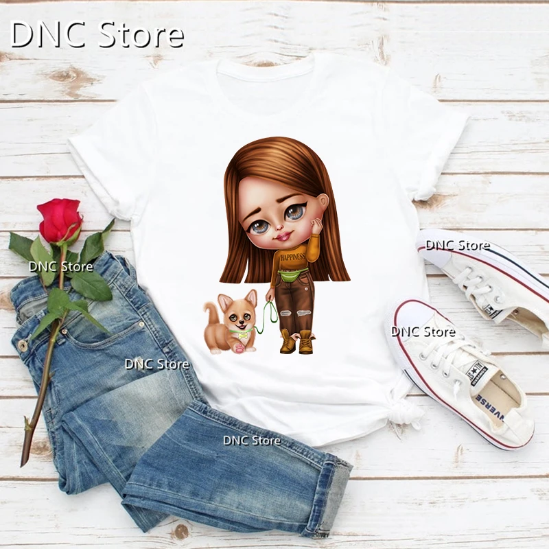 

Cute Shepherd Dog And Little Girl Dog Dog Animal Print T-Shirts Womne Fashion Casual Fenme T-Shirts White Short Sleeve Tops