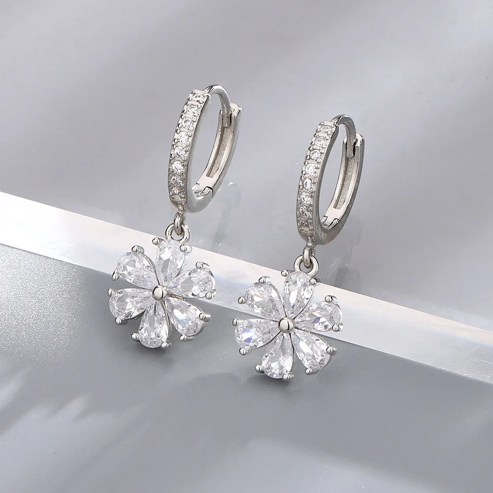 

Sparkling Zircon Flower Drop Earrings for Women Silver Color Crystal Inlaid Hoop Earrings Elegant Wedding Party Jewelry Gift