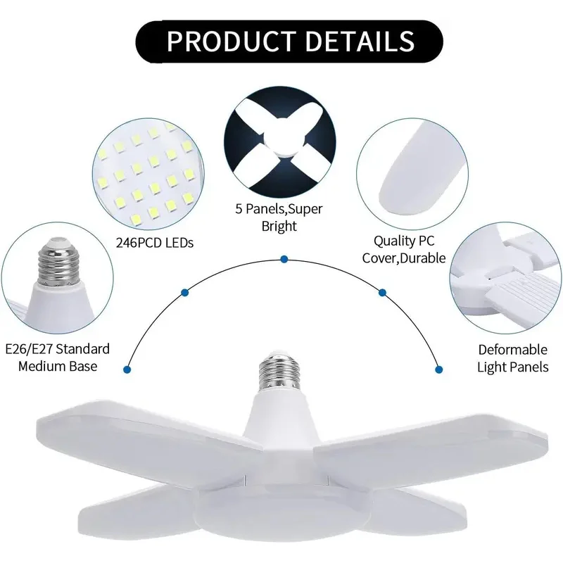 60W LED Garage Light with 4 Adjustable Panels E27 Screw in Daylight Bulb Deformable Lamp for Basement Workshop Warehouse