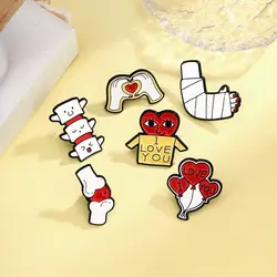 6pcs Cute Red Heart Enamel Brooch Creative Hand Heart Gesture Bone Injury Lapel Pin Badge Backpack Clothing Hat Accessories