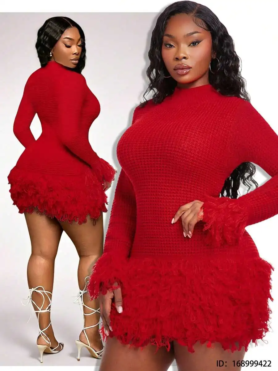 

Красное трикотажное мини-платье с длинными рукавами и бахромой по низу, облегающее, для осени и зимы