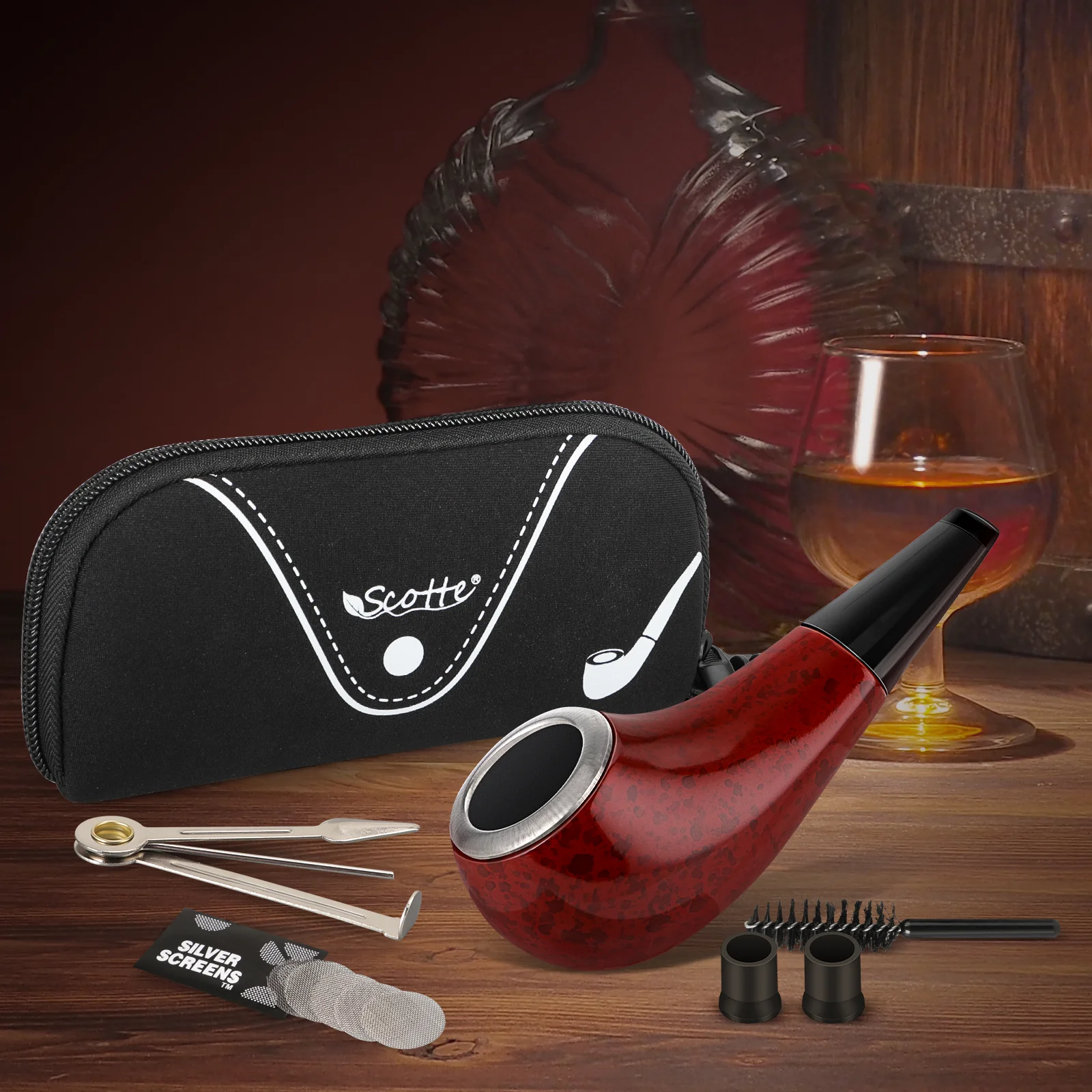 Scotte Vintage Classic Tobacco Pipe Pouch with Accessories, Red, Durable, Solid, High Quality, Free Smoke