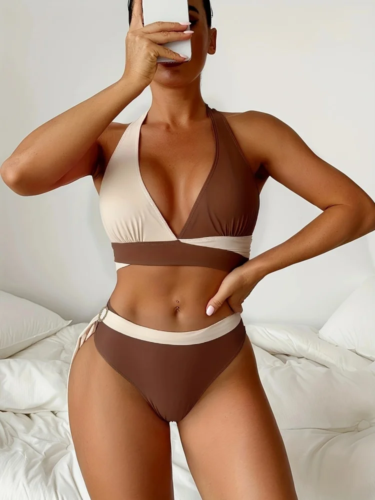 

Bikini Women Swimsuit 2025 New Solid Halter Bikinis Set Sexy High Waist Swimwear Summer Two Piece Beachwear Bathing Suit Female