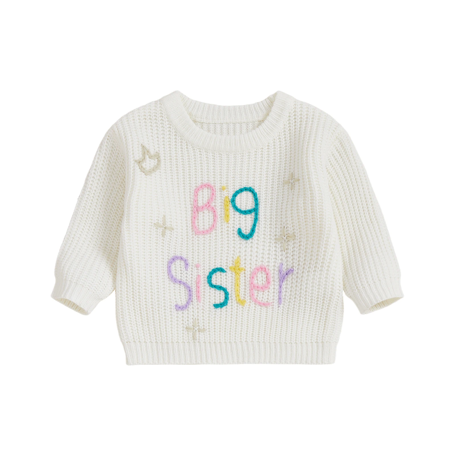 

Свитер для маленьких девочек, одинаковый наряд для сестры, повседневный пуловер с круглым вырезом и вышивкой букв, трикотаж для малышей