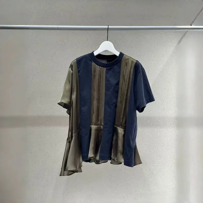 2026 Summer Japanese Fashion Women Pleated Patchwork Tees Loose Fit Short Sleeve Shirts Casual Daily Versatile Basic Tops