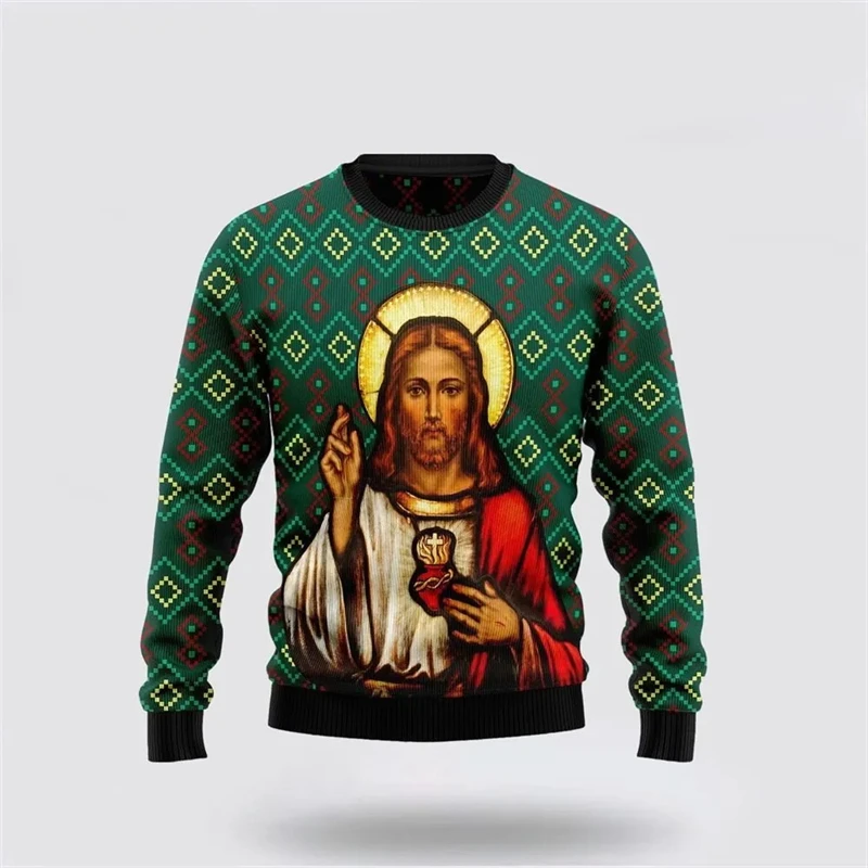 Ugly Christmas Sweater 3D Funny Jesus Printed Holiday Party Sweatshirt For Christmas Sweater Men Casual Long Sleeve Pullover Top