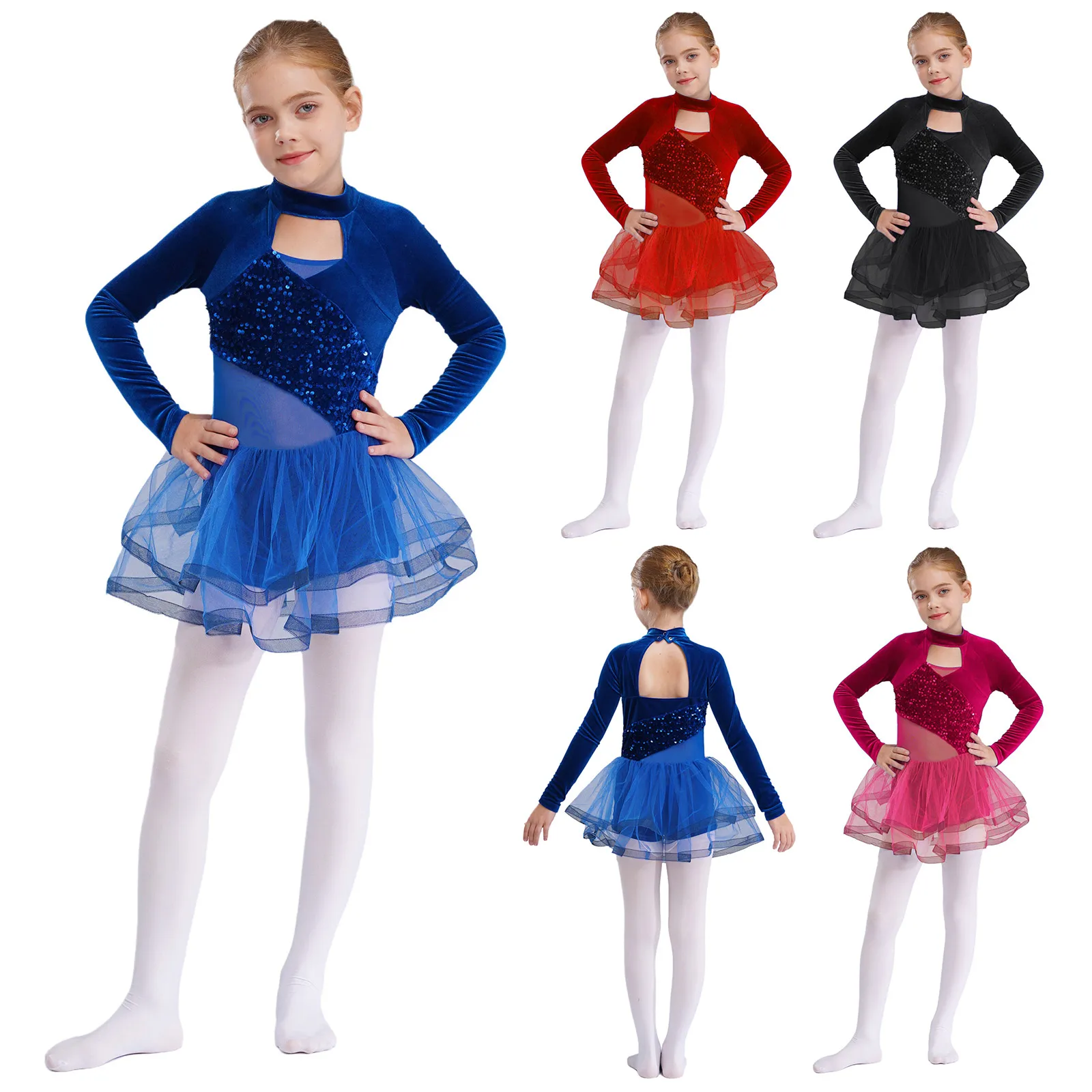 Kids Girls Ballet Dance Tutu Dress Long Sleeve Sequins Velvet Mesh Leotards Dresses Figure Skating Gymnastic Performance Costume