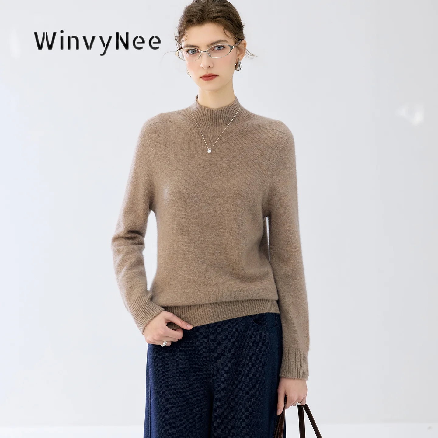 WinvyNee Women Soft Elastic Knit Pullover Cashmere Long Sleeve Mock Neck Knit Top Autumn Winter Thickened Thermal Layer A1944030