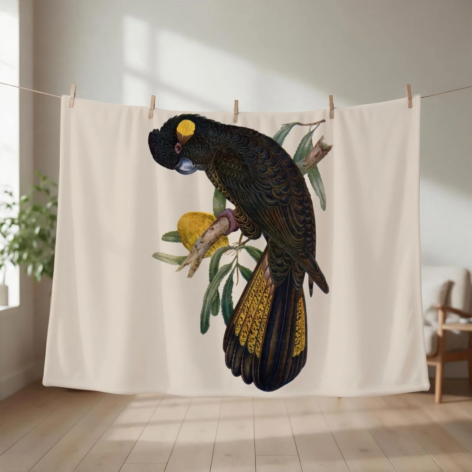 Yellow Tailed Black Cockatoo (Zanda funerea) Throw Blanket couch cozy soft plush fuzzy picnic outdoor blanket