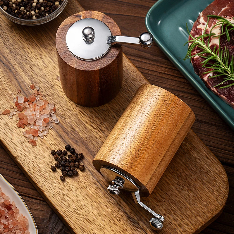 Wooden Salt Pepper Grinder Set,Refillable Manual Peppercorn Spices Mill with Long Crank Shaker for Home Dining Restaurant