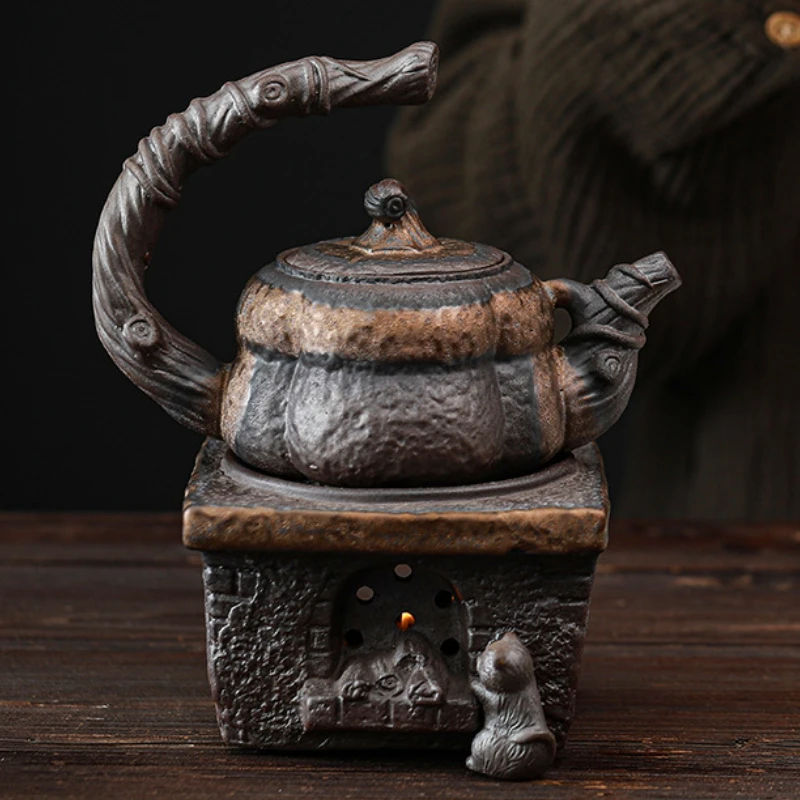 Japanese Handmade Stoneware Teapot Tea Pot Gilt Pumpkin Lifting Beam Pot Candle Warm Teapot Set Infuser Teaware Kitchen Dining