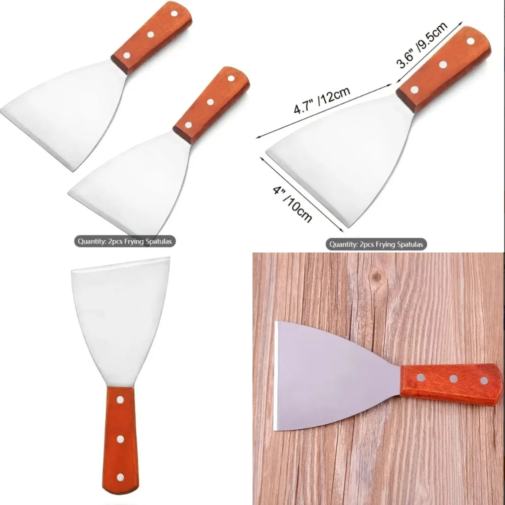 

2-Piece Stainless Steel Grill Spatula Set for BBQ, Pizza, Steak, Iron Plate Cooking with Wooden Handle, Slotted Kitchen Tool