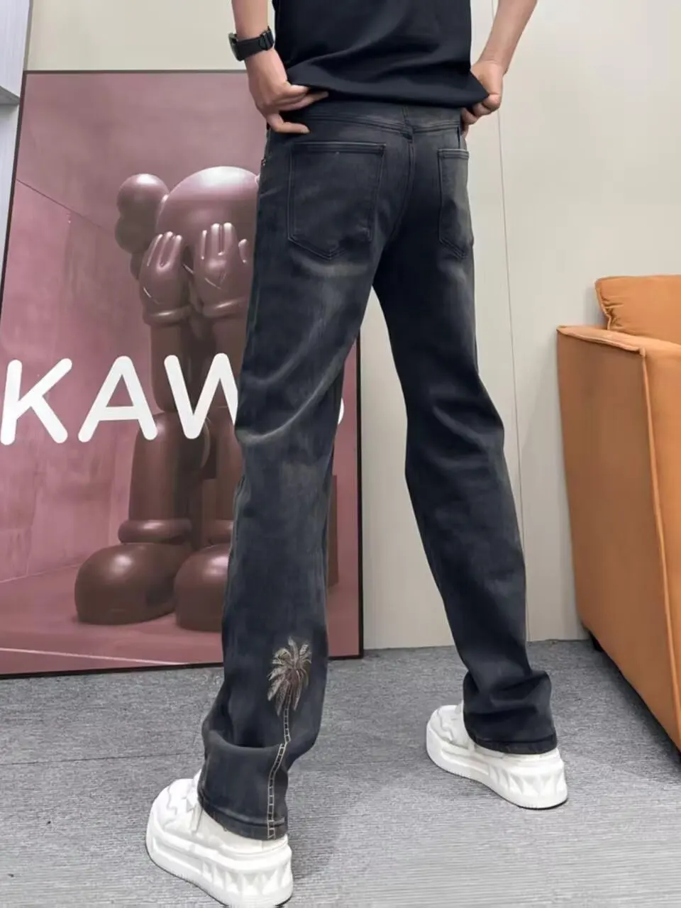 

Loose Straight Leg Men's Jeans ey Bla Embroidery High Street American Casual nut Tree Stitch Long Pants Spring Autumn