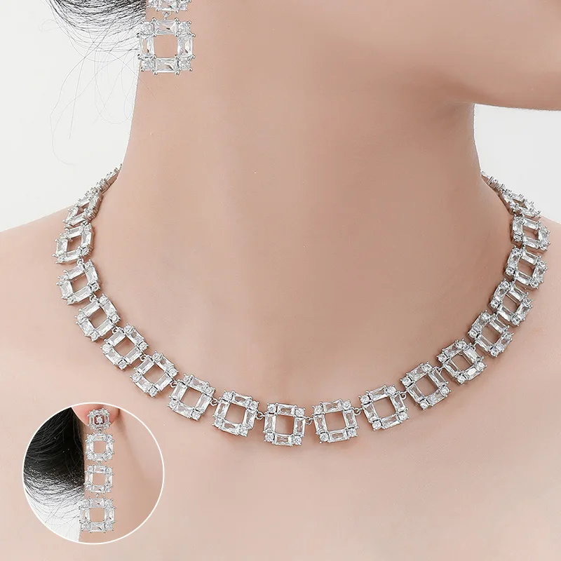 

European and American Hollowed Out Fashionable Square Aaa Zircon Necklace Set, Bride's Ins Earring Accessories