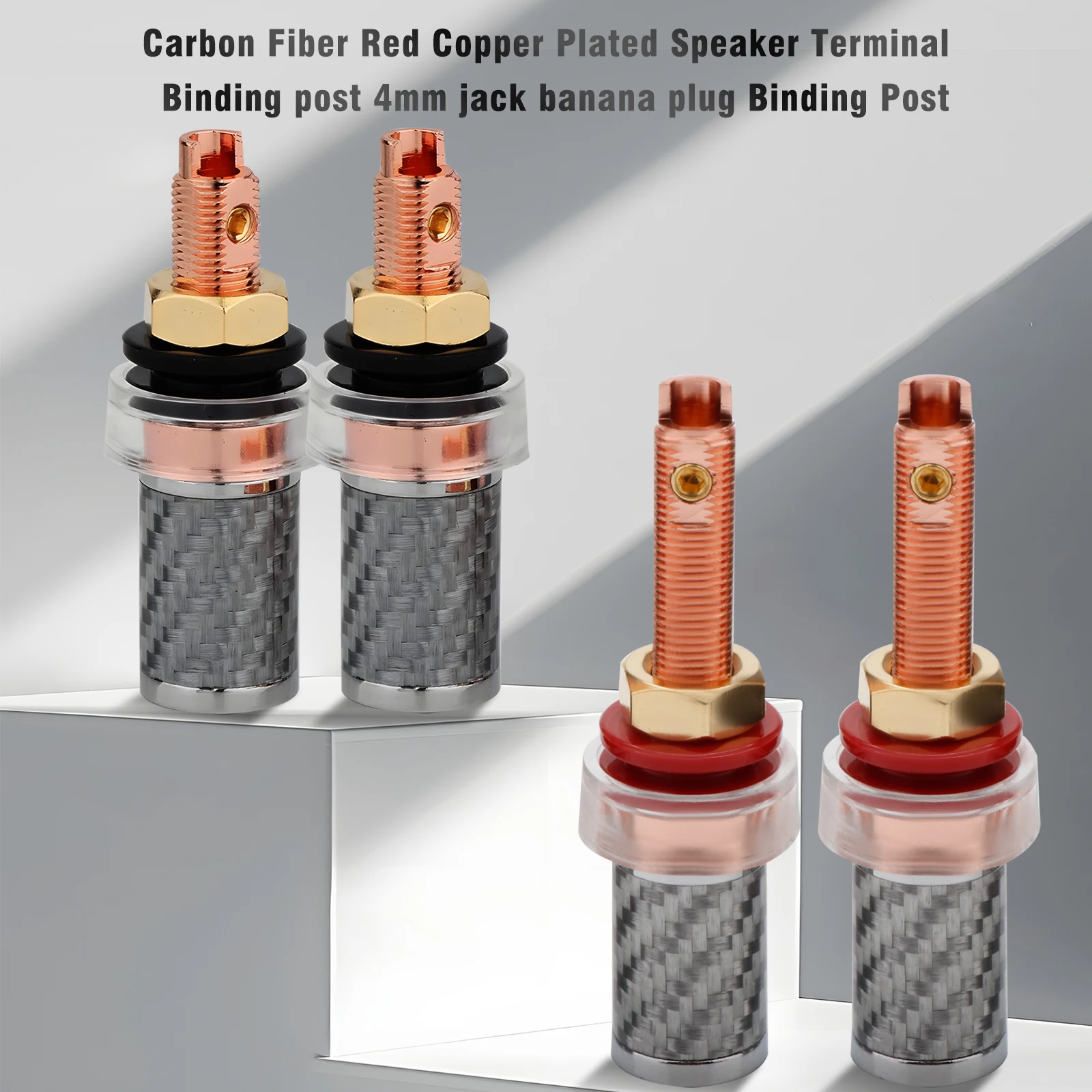 BP1122L Carbon Fiber Red Copper Plated Binding Posts - Rhodium-Plated for Optimal Signal Transfer, Brass Chrome Inset Cover,