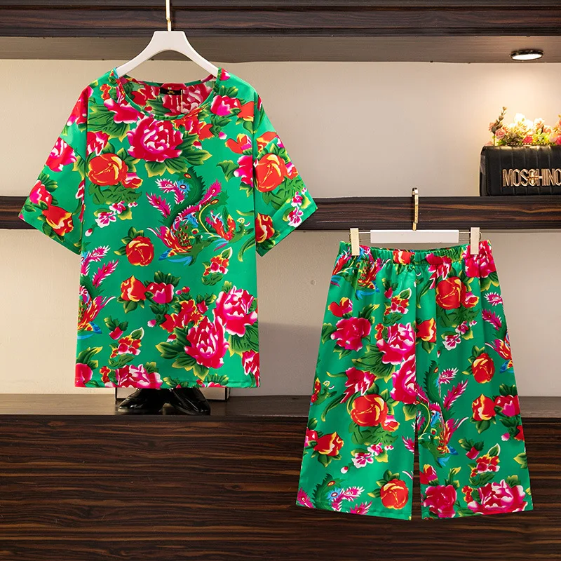 New 2022 Summer Women Plus Size Loose Flower Floral Print T-shirt And Shorts Two piece sets 3XL 4XL 5XL 6XL 7XL