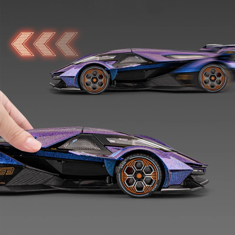 1:24 V12 Vision Gran Turismo Supercar Fonde sotto pressione in lega di metallo Modello di simulazione Auto Suono Luce Auto Collezione regalo per bambini Giocattolo
