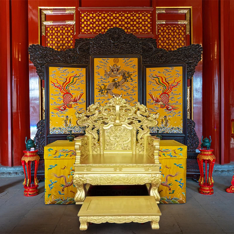 Golden lacquer carved solid wood dragon chairs, Ming and Qing classical lecture chairs, temple seating, Tai Shi meditation chair