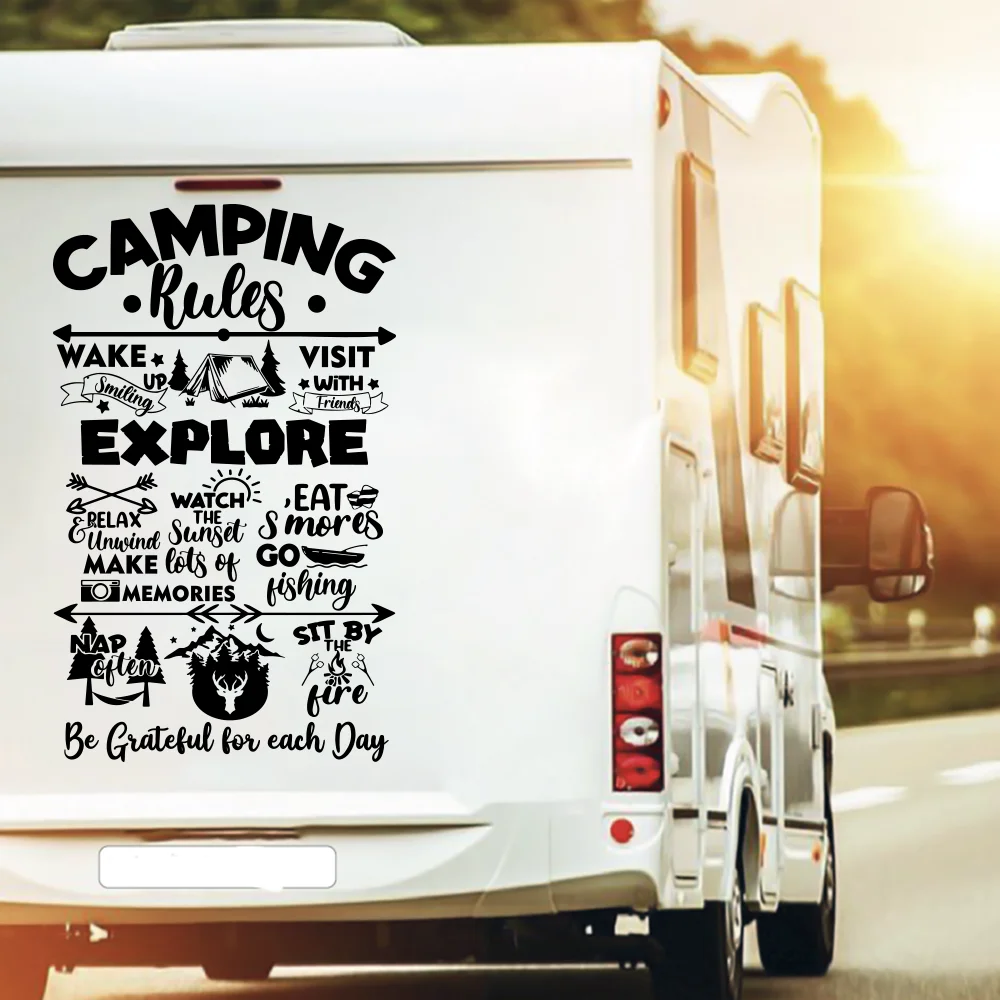 

Camping Rules Camper Rv Car Sticker Explore Memories Unwind Grateful Fishing Visit Friends Motorhome Caravan Van Truck Decal