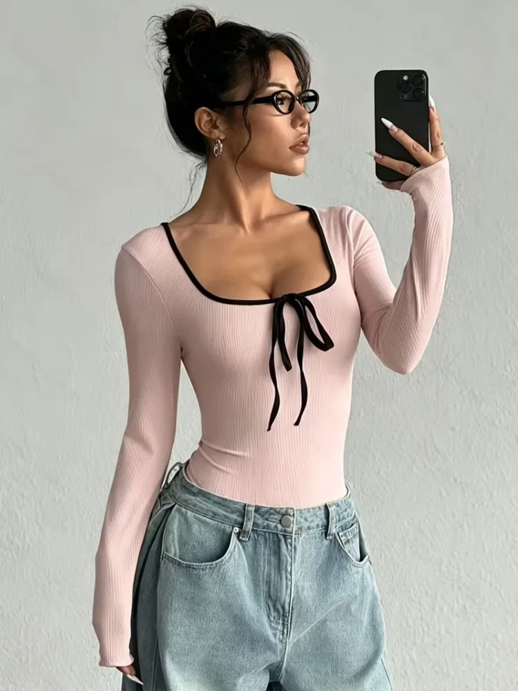 Absobe Women Solid Color Bow Ribbed Bodysuits U Neck Long Sleeve Tight Fit Button Tops Sexy Fashion Streetwear Summer New Outfit view 2
