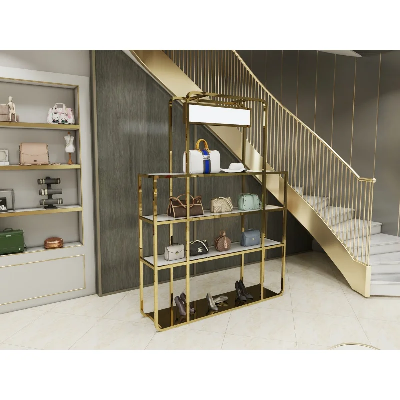 Ouro Bag Display Rack Stand com luz LED, Moda Bolsa Loja, Showroom Móveis, Metal, Personalizado