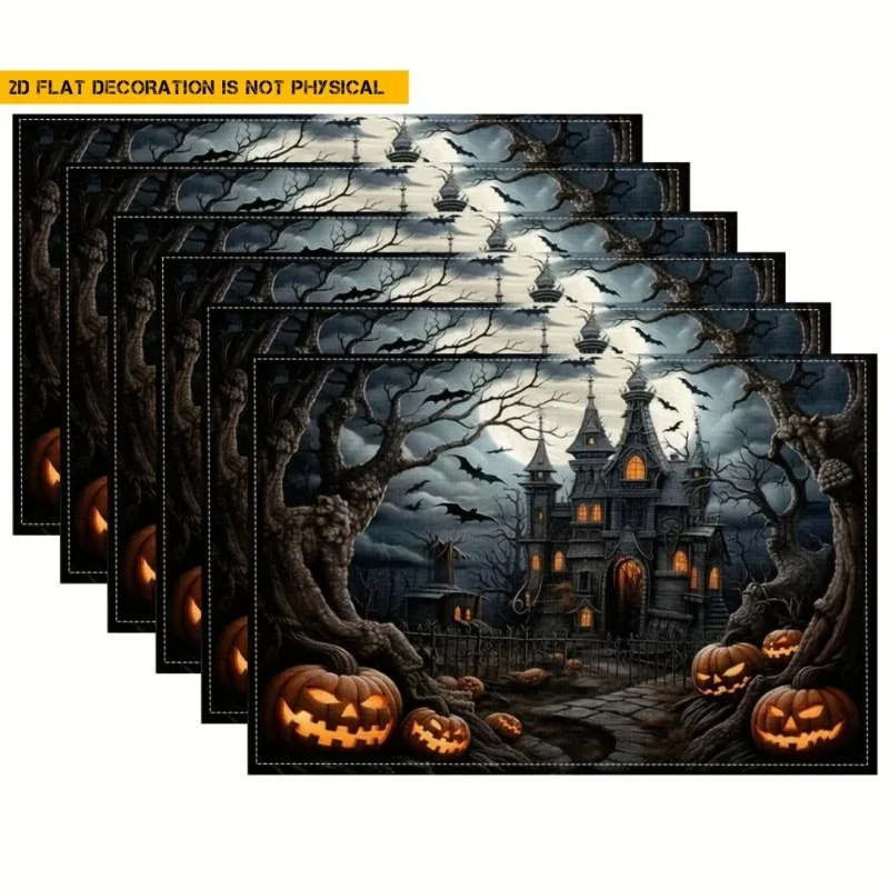 Halloween Haunted Castle Placemats, Pumpkin Bat Printed Linen Table Mats, Spooky Season Table Decor