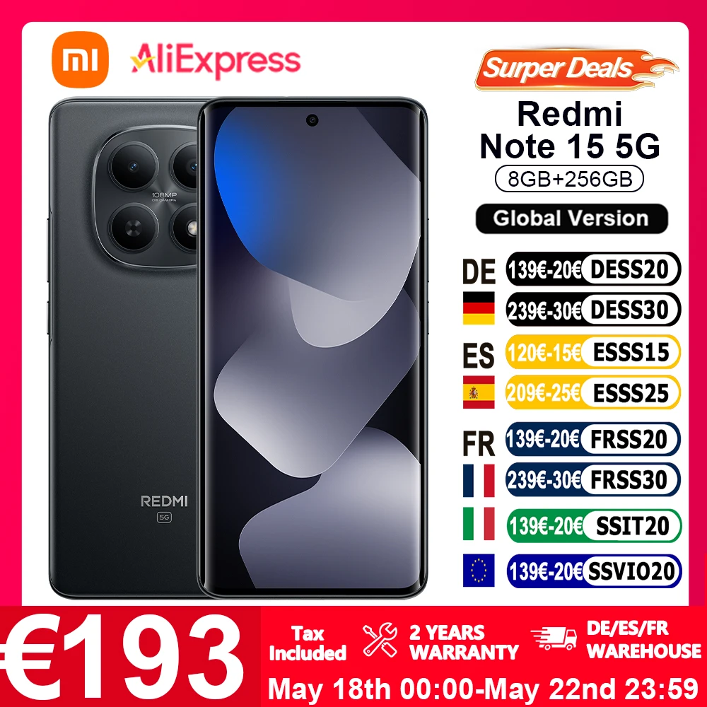 Version Globale Xiaomi Redmi Note 15 5G smartphone 5G 6.77" FHD Snapdragon ®   6 Gen 3 108MP IP66 Batterie 5520mAh Charge 45W NFC Xiaomi