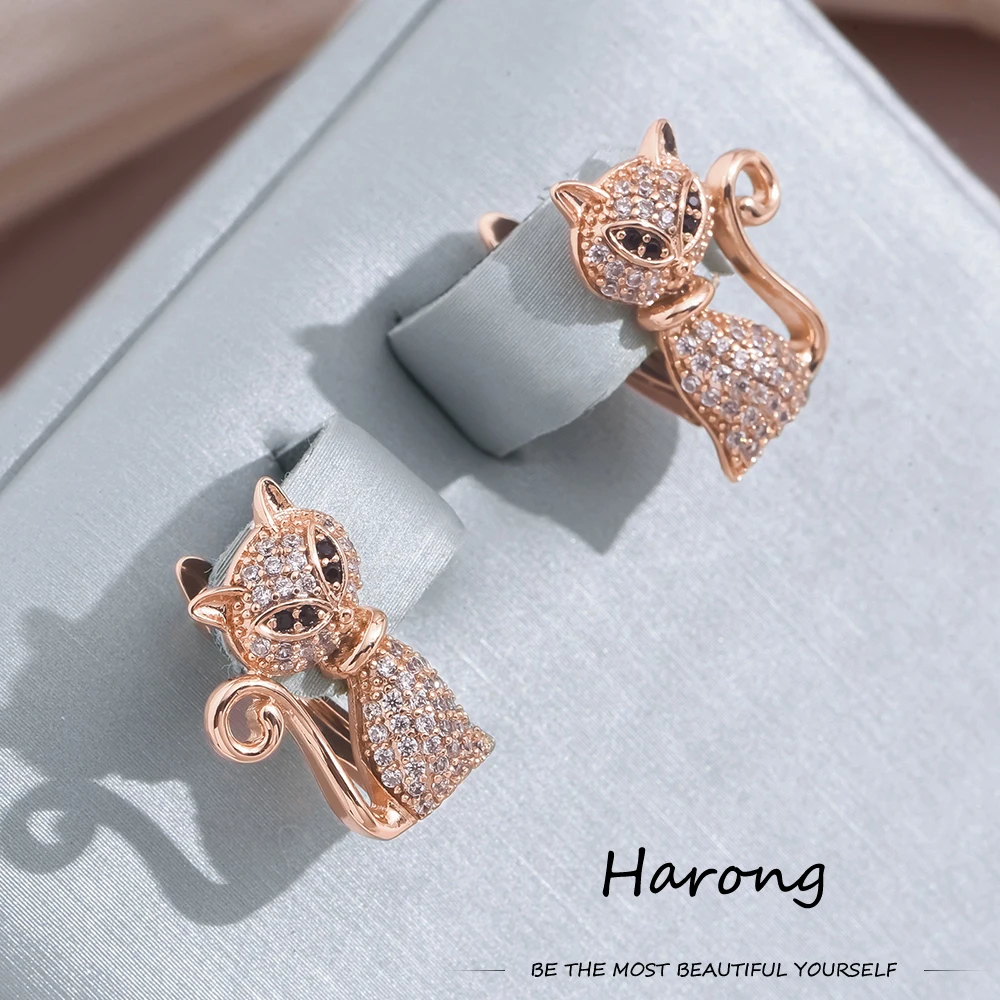 

Harong Exquisite Cat Stud Earrings Crystal Encrusted Luxury Rose Gold Color Jewelry Animal Pet Ear Ring for Women