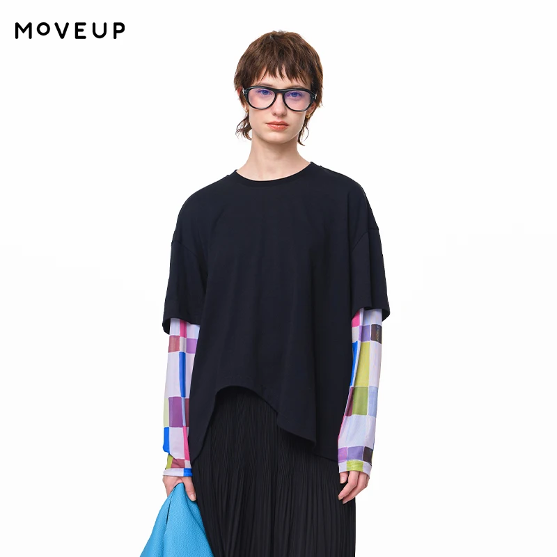 

MOVEUP Round Neck Long Sleeves T-Shirt 2026 Summer New Pure Cotton Color Patchwork Sleeves False Two-Piece Top Women 3EWX10554