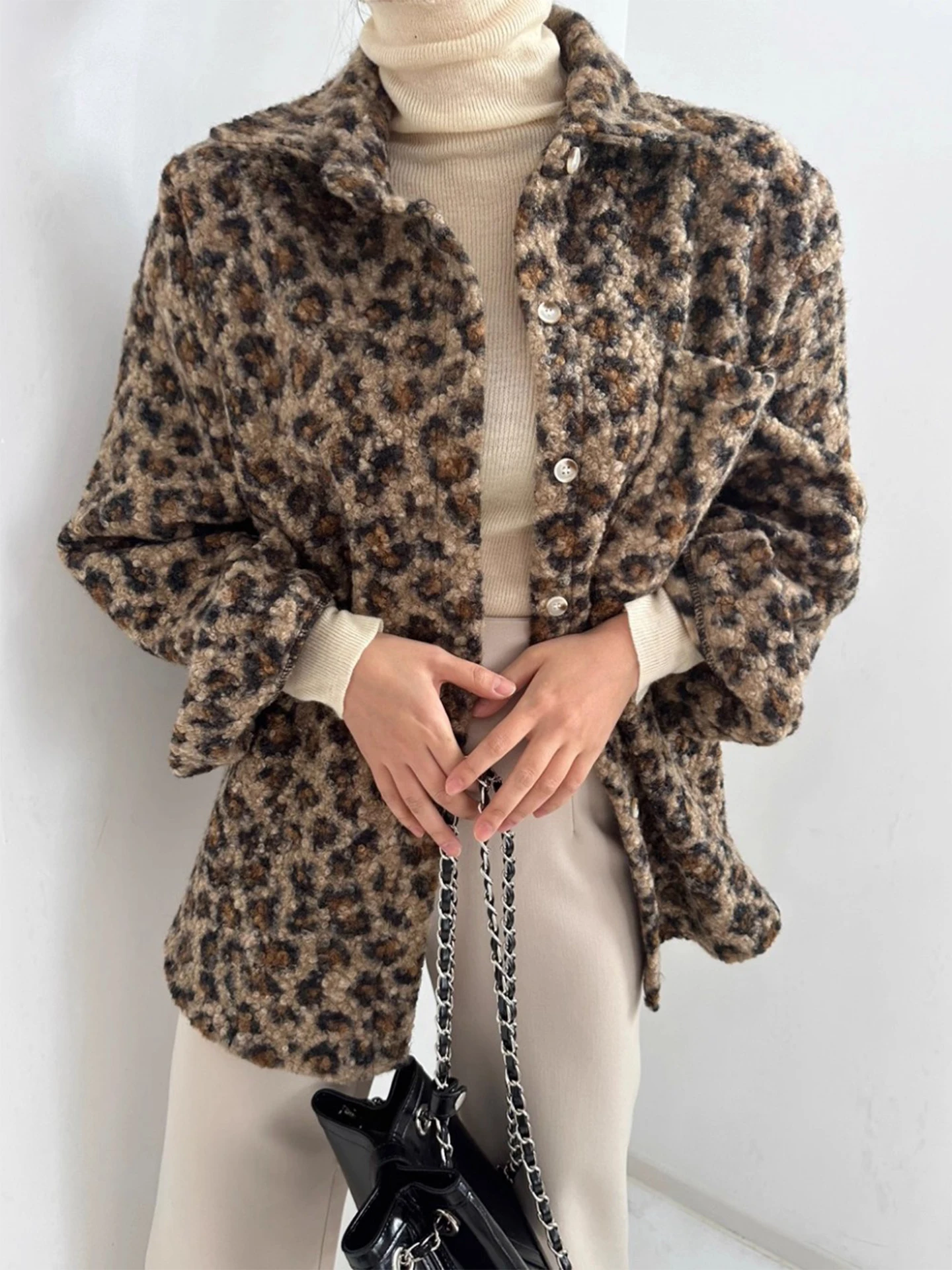 

Женское свободное длинное пальто в стиле ретро Personali Color Blo с леопардовым принтом, корейское пальто из полиэфирного волокна