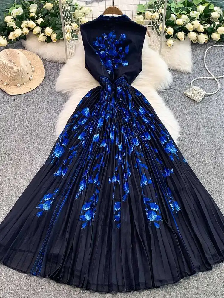 แฟชั่นElegantจีบดอกไม้Maxiชุดผู้หญิงฤดูร้อนฤดูใบไม้ร่วงแขนยาวVINTAGEชุดลําลองหญิง