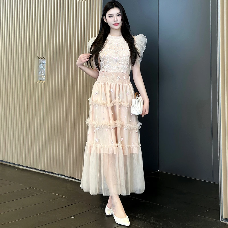 

Summer New Light Luxury Mesh Flower Embroidery Temperament Dress Women's O-Neck Flying Sleeve Waist Slim Fit A-line Long Dress