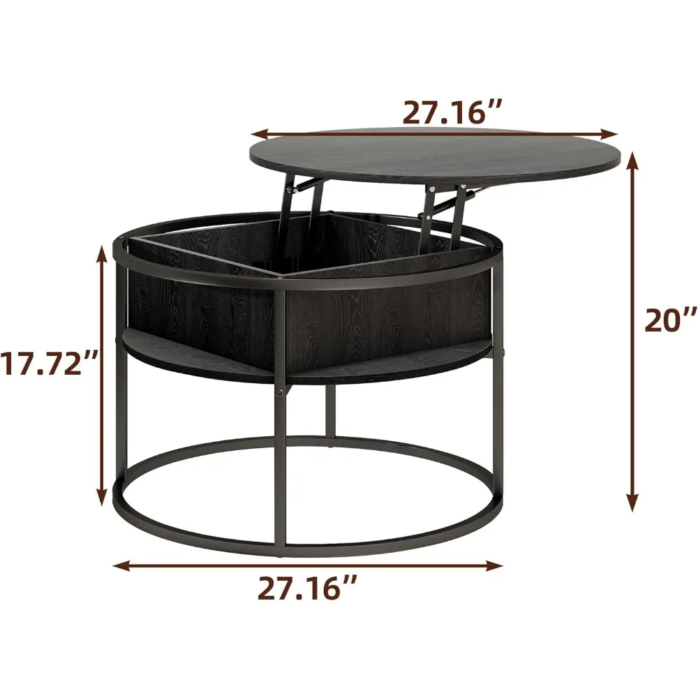 Table basse ronde relevable, tables basses de salon, table basse noire avec compartiment de rangement caché, café de ferme en bois