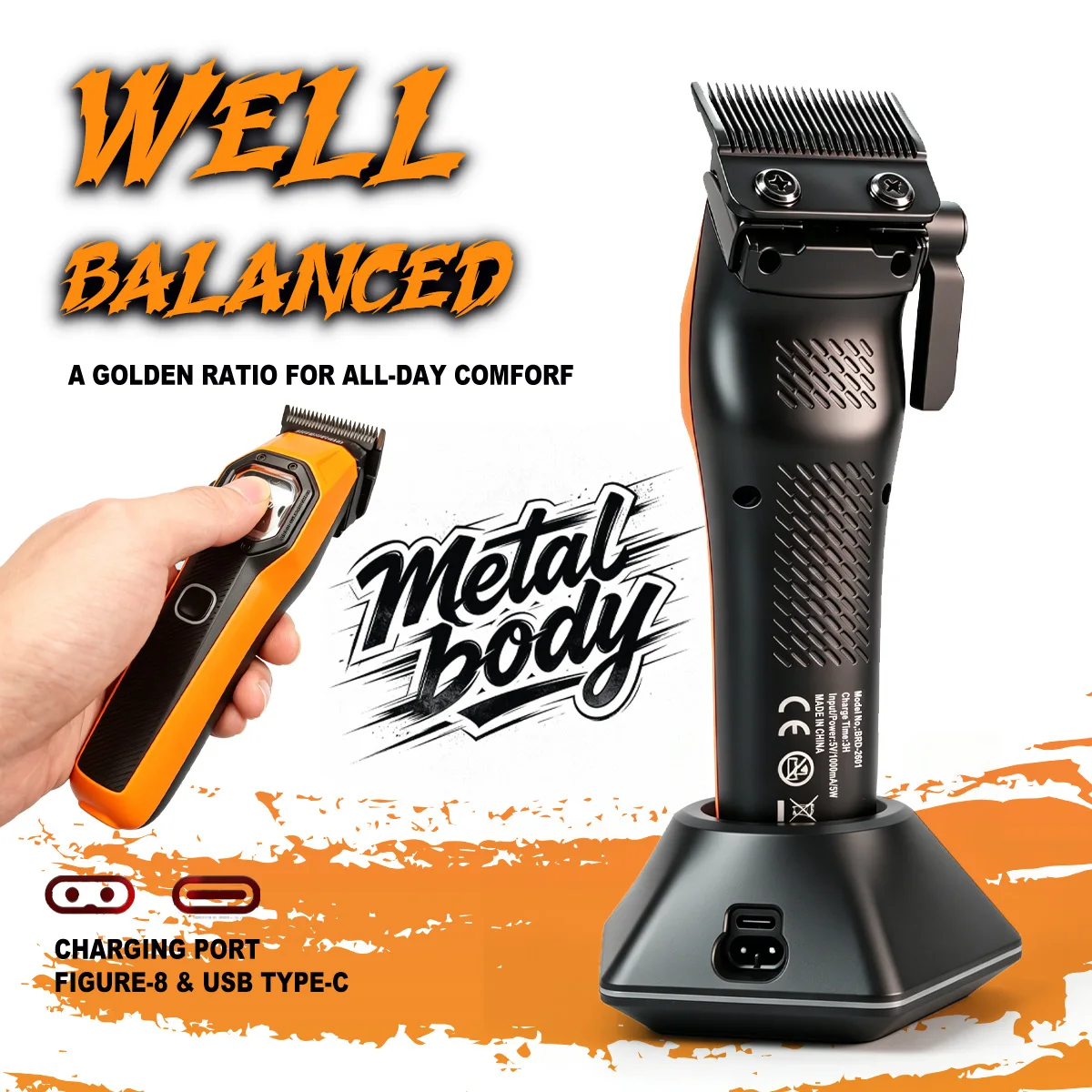BRDCLIP Professional Barber Kit Hair Clipper (7800-13000RPM) Trimmer (8000-13000RPM) & 2603 Metal Body Shaver with Vector Motor