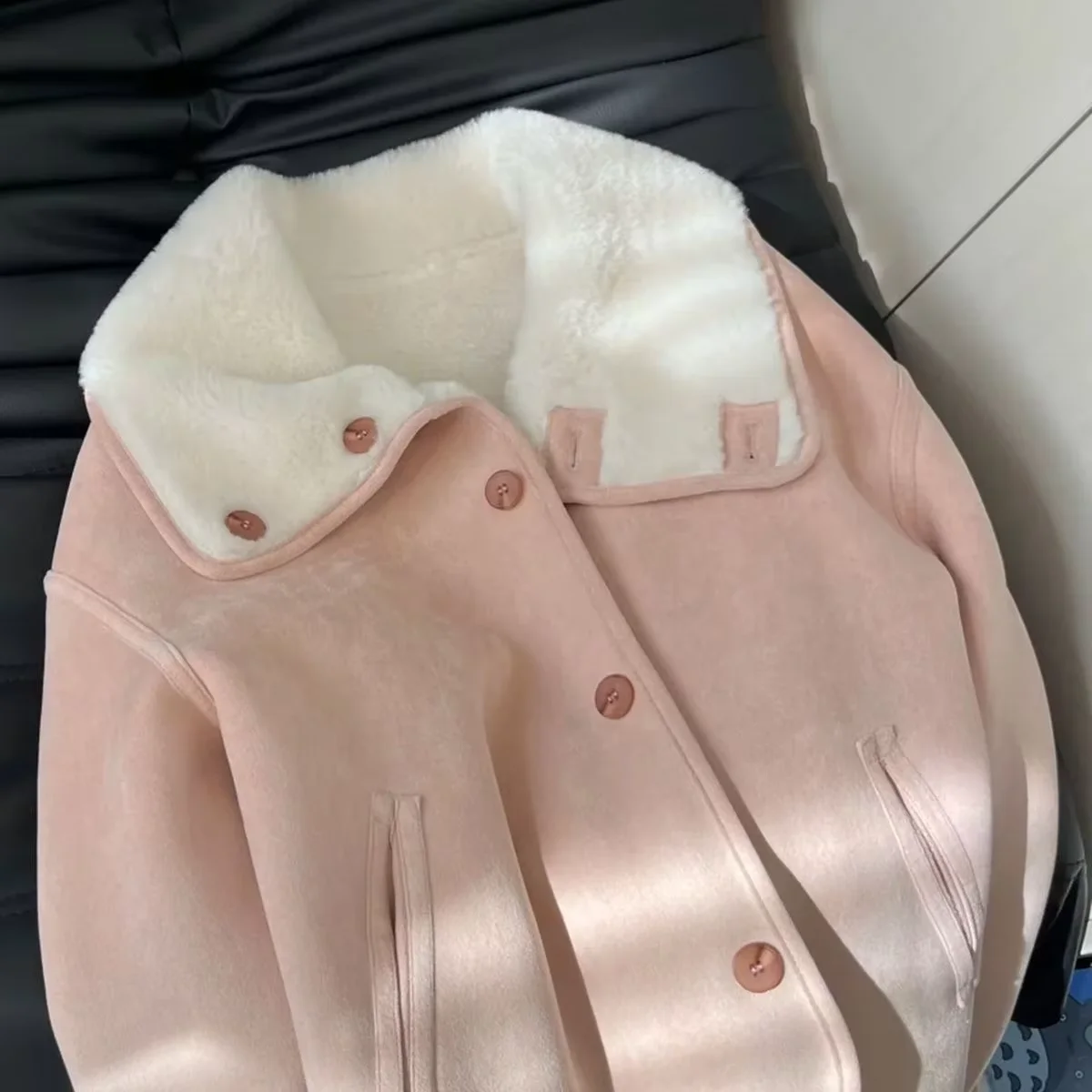 2026 New Girls' Lamb Wool Coat Autumn And Winter Children's Pink Collar Fur One piece Thick Coat With Velvet