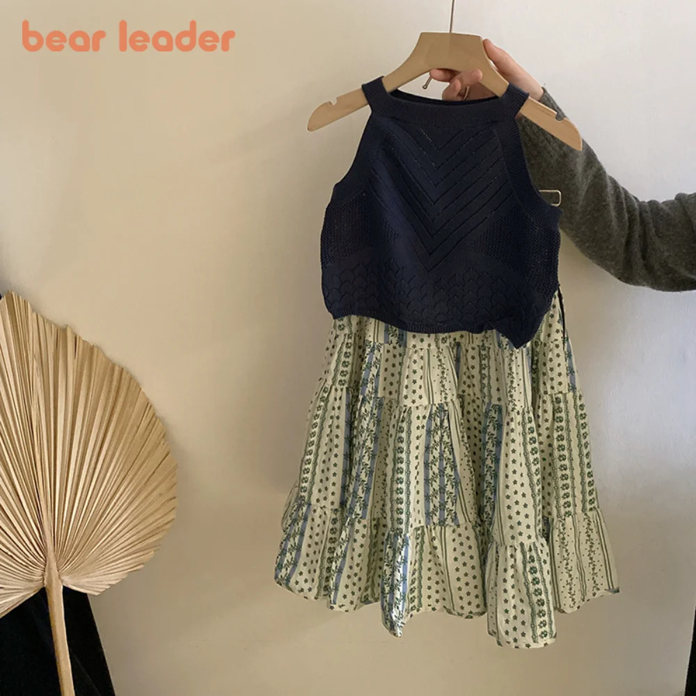 

Bear Leader Children's Clothing Korean Version Plain Color Girls Clothes Summer Sleeveless Hanging Neck Top+Flower Printed Skirt