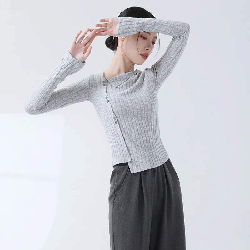 Women Modern Dancewear Long Sleeve Inclined Square Neckline Slim Top Knitted Short Stage Performance Clothes China Yoga Clothing