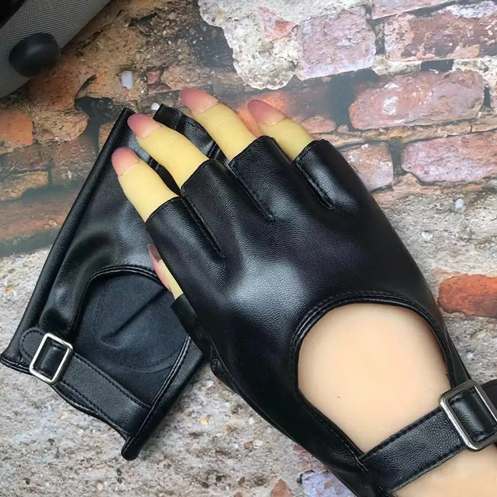 قفازات مقاومة للماء بدون أصابع، عروض المسرح، قفازات الرقص، مشبك مربع، نصف إصبع من جلد البولي يوريثان، لون سادة، زوج واحد من أزياء تنكرية #4