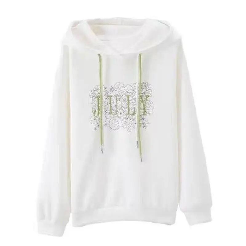 

100% Cotton Hoodies Women Fashion Embroidery Hoodie White Elegant Hooded Pullover Tops Spring Autumn Trendy Top Coat Y2k Clothes