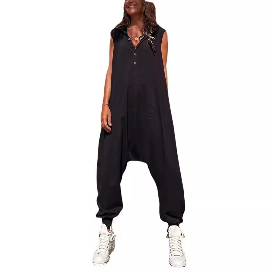 Zomer Vrouwen Solid Jumpsuit Fashion Casual Losse Mouwloze Capuchon Romper Streetwear Nieuwe Casual Jumpsuits Overalls 2024