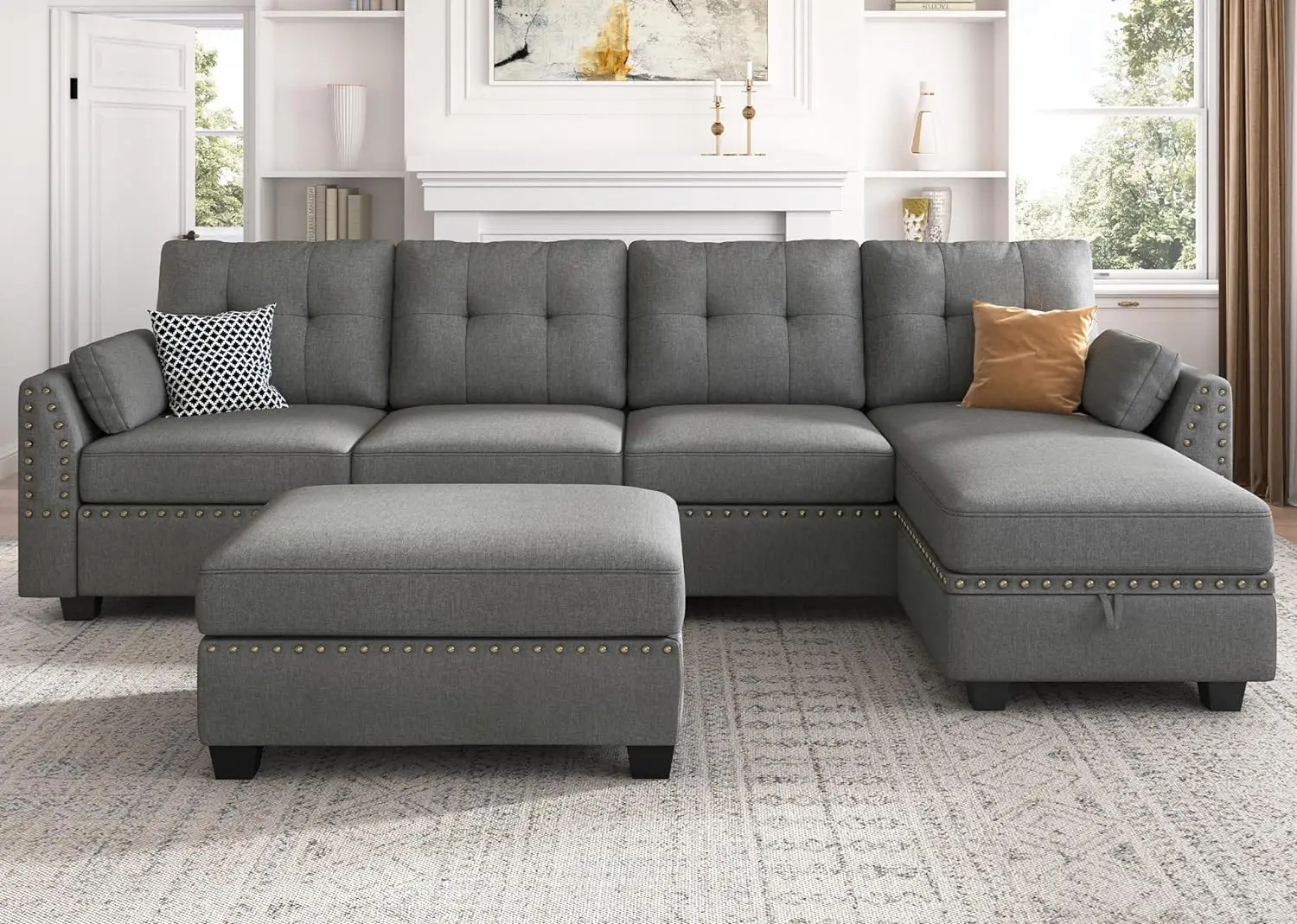 

New Reversible Sectional Sofa Couch Set L Shaped Couch Sofa Sets for Living Room 4 Seat Sofa Sectional with Storage Ottoman