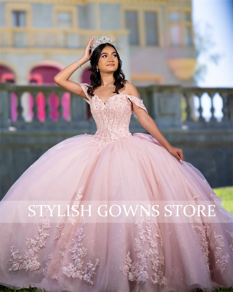 Mexico Pink Off The Shoulder Quinceanera Dresses Ball Gown Bead Appliques Graduation Dress Party Dresses robes de soirée