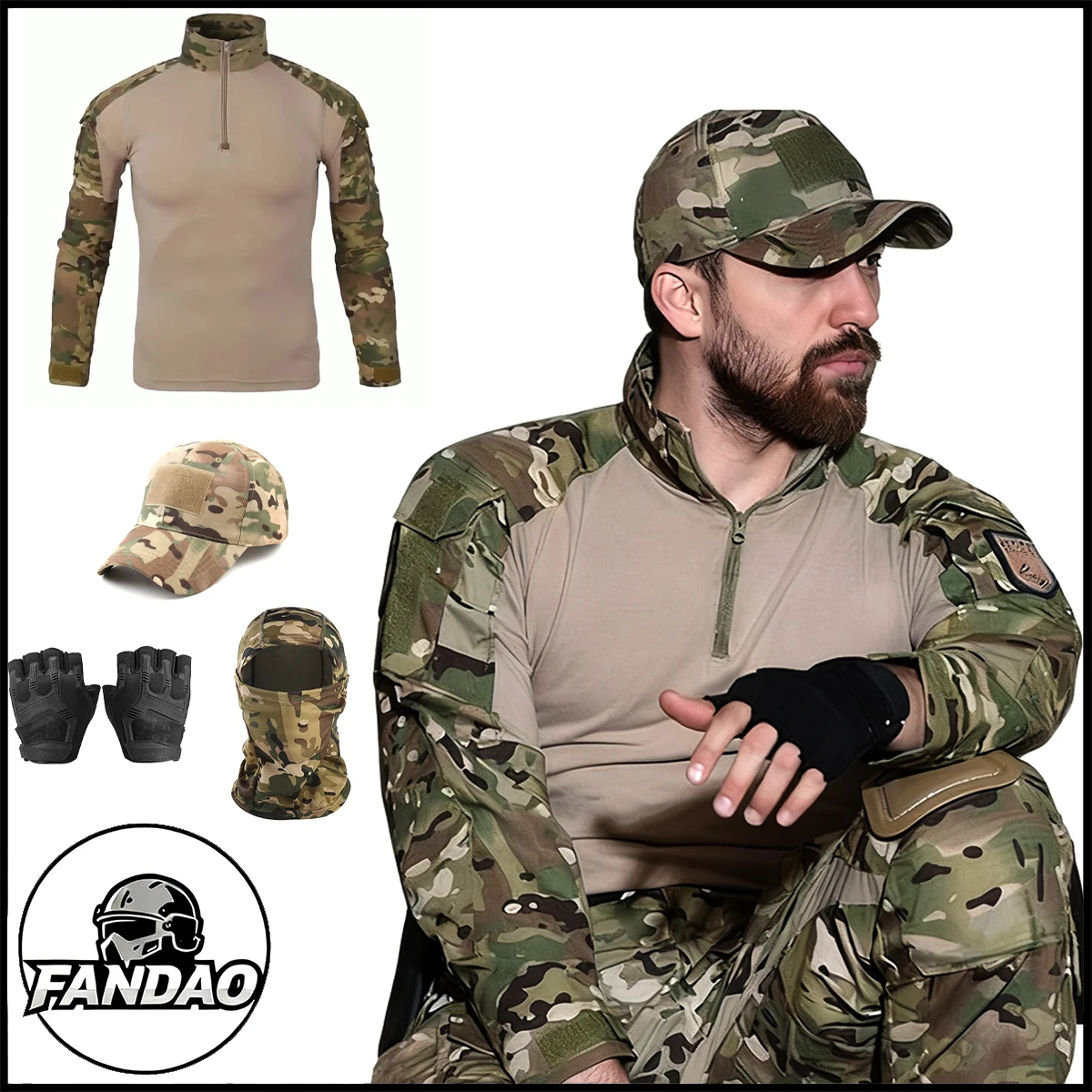 

Men's Tactical Camo Shirt Set with Cap Gloves Balaclava Military Outdoor Airsoft Gear Shooting Paintball Hunting Combat Uniforms