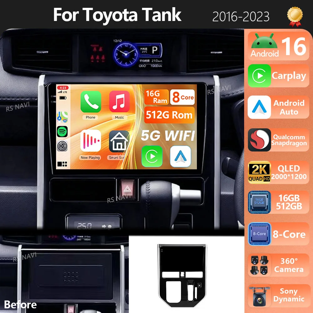 Android 16 Carplay Auto Qualcomm 2K QLED Screen Car Radio Player For Toyota Tank 2016-2023 DSP Stereo BT 4G Navigation Wifi DVD