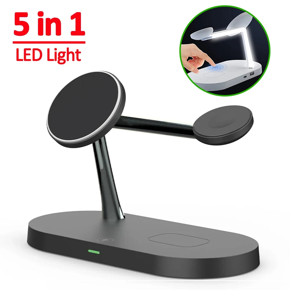 5 in 1 Magnetic Wireless Charger 30W Fast Charging Station Stand For Iphone Pro Max/Apple Watch/Airpods Pro with Led Night Light