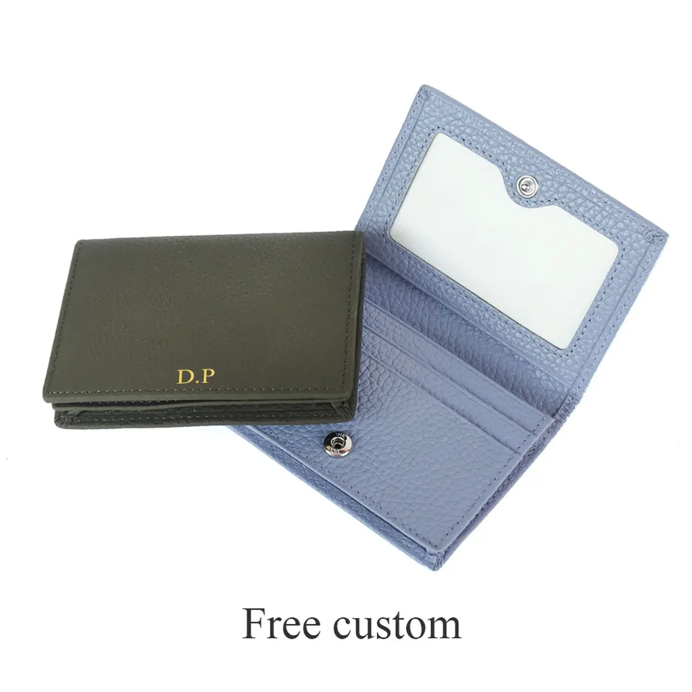 Free Customized Men Cow Genuine Leather Business Card Holder Women Bifold Leather Credit Card Case Coin Purse