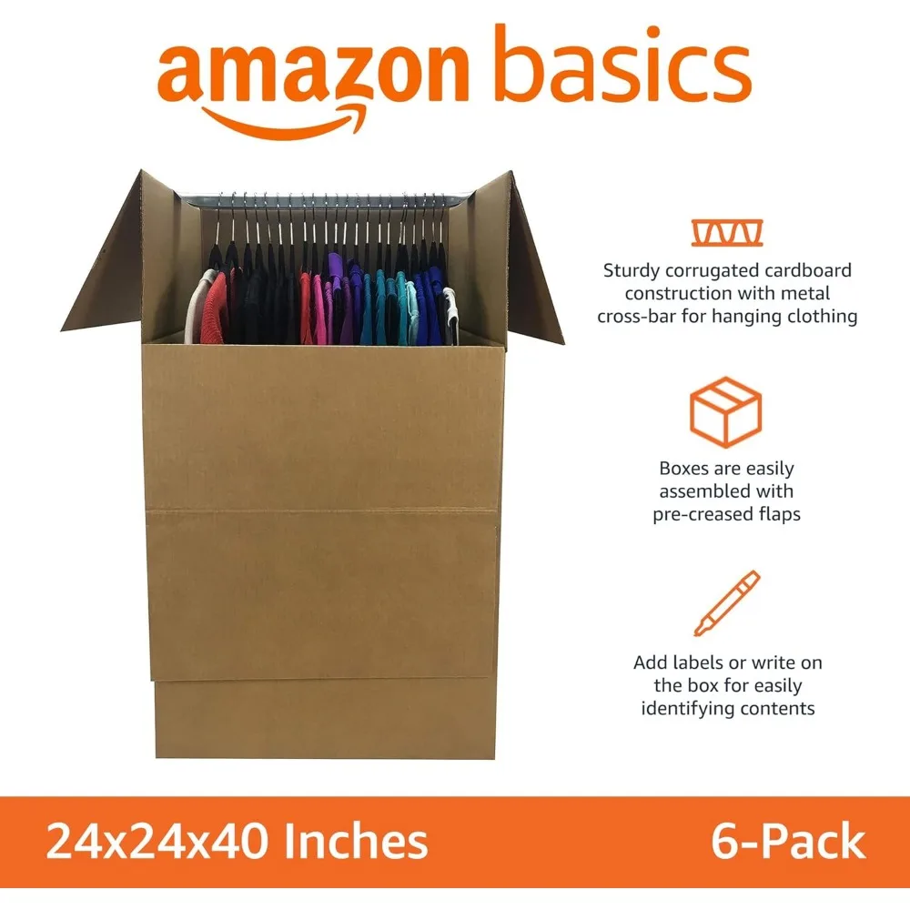 Wardrobe Clothing Moving Boxes with Bar, 6 Pack, Brown, 24 x 24 x 40