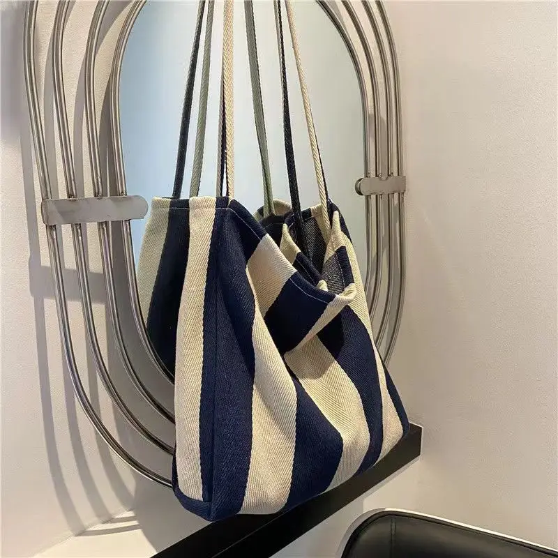 2023 fashion korea literature stripe Women\'s Canvas Tote Bag retro Shopper Bags Lady canvas big Shoulder Bag For Women